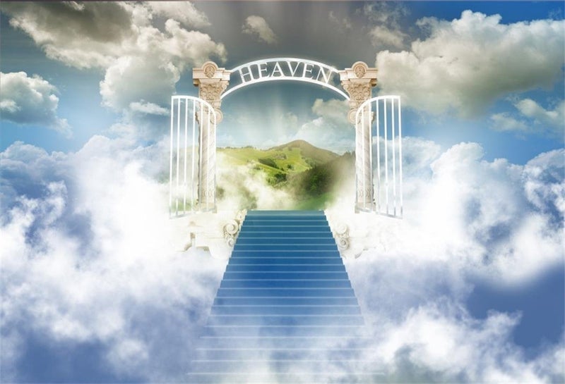 AOFOTO 10x7ft Stairway to Heaven Backdrop Paradise Gate Sky Clouds Stairs Photography Background Holy Light Heaven Sent Baby Shower Baptism Religion Church Christian Easter Party Banner Photo Props - Image 1